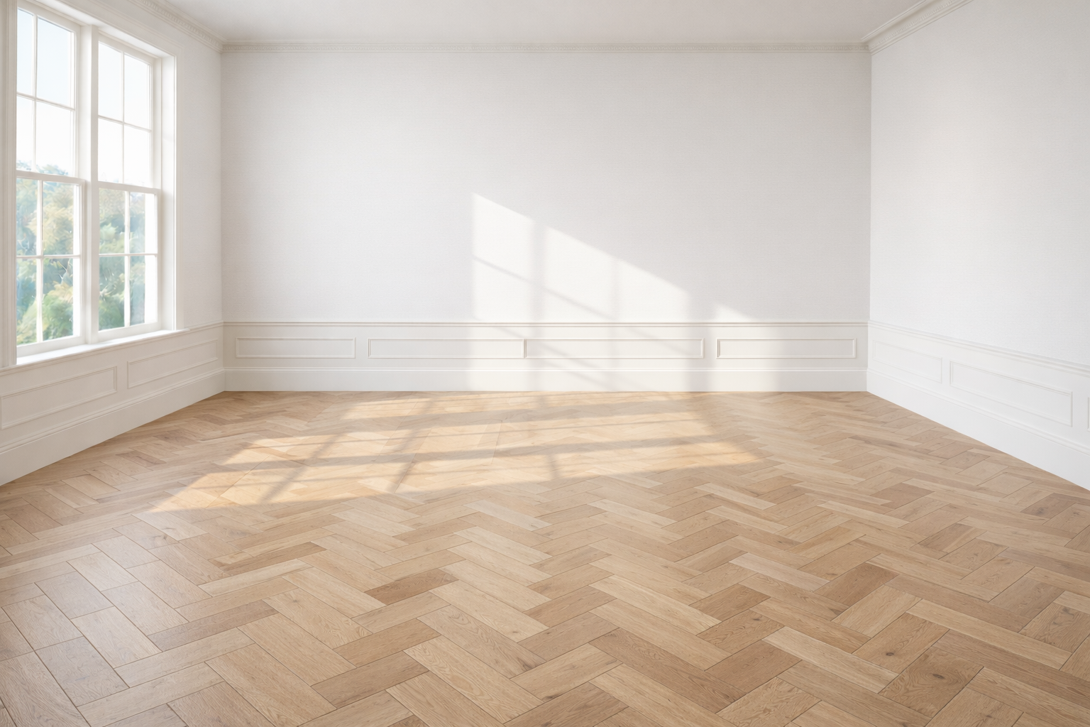 Dining room with warm-toned wide-plank hardwood flooring.