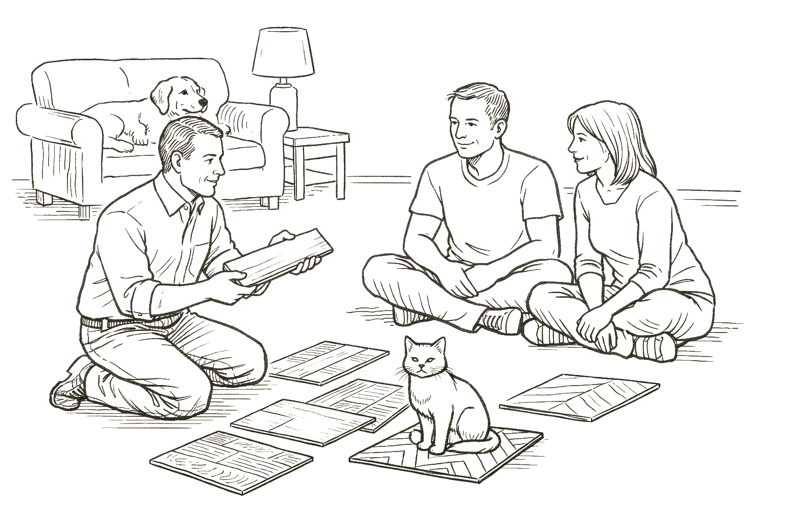 In-home flooring consultation with samples laid out in a living room.